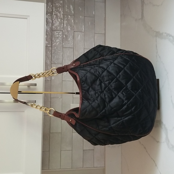 Brahmin Vintage Extra Large Tote Shoulder Bag Black Nylon Brown Leather Trim - Picture 4 of 13